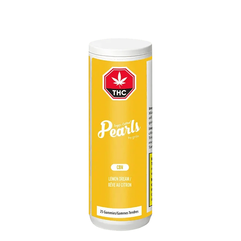 Front view of Lemon Dream CBN Gummies packaging, showing a vertically-oriented yellow label with branding details.