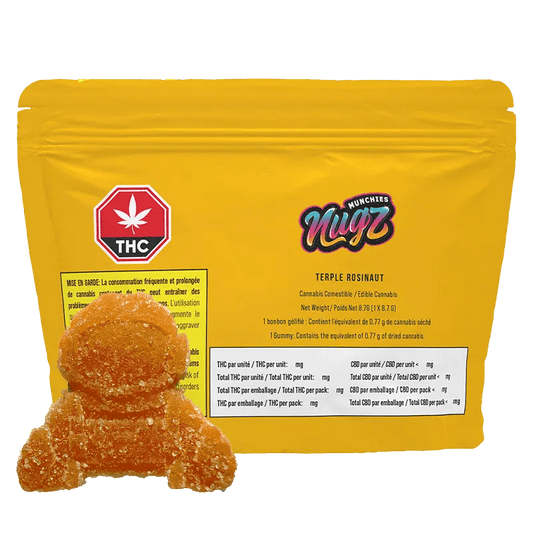 Close-up of Terple Rosinaut Hash Gummies packaging with French text and a dark background, showcasing the brand's logo.