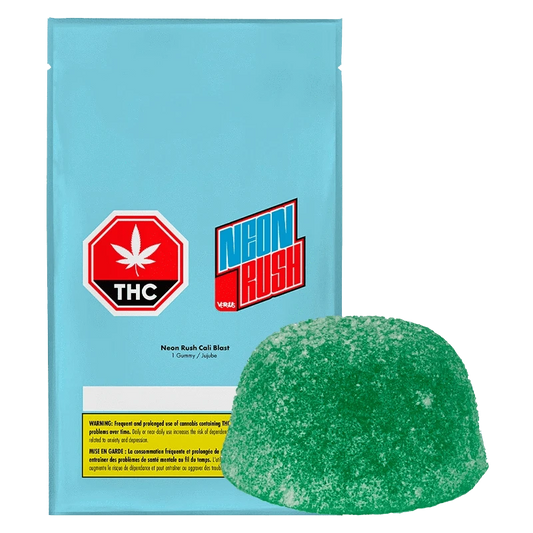 Close-up of Neon Rush Cali Blast Gummies packaging, featuring bold lettering and a bright, colorful design.