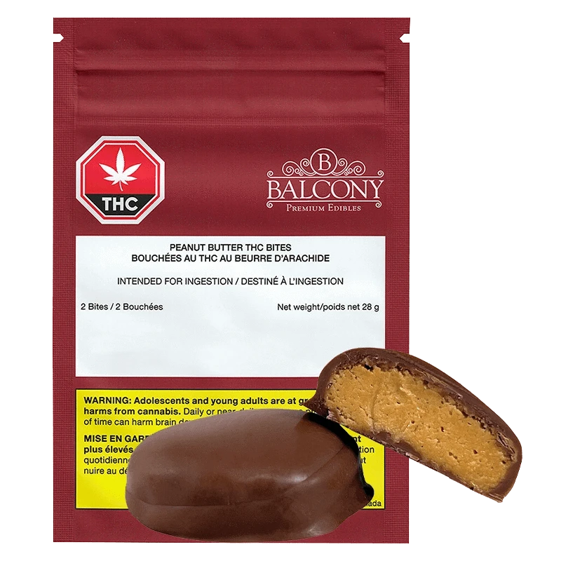 A close-up of the Balcony Peanut Butter Bite packaging, displaying the product name and details in French against a white background.