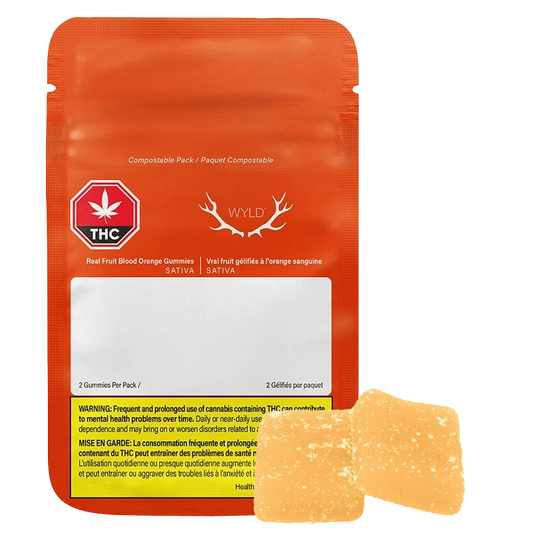 Close-up of the Real Fruit Blood Orange 3:1 CBC:THC Gummies package, showing a bright orange design with cannabis leaf symbols.