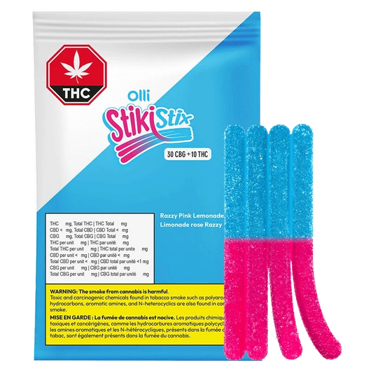 Close-up of 3:1 Razzy Pink Lemonade CBG/THC Gummies packaging, highlighting the colorful label and product details.