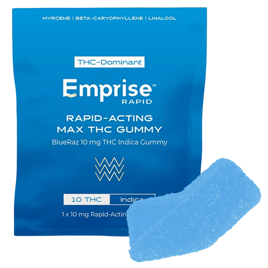 Close-up of a stack of BlueRaz 10 mg THC Gummies with a vibrant blue color against a simple white background.