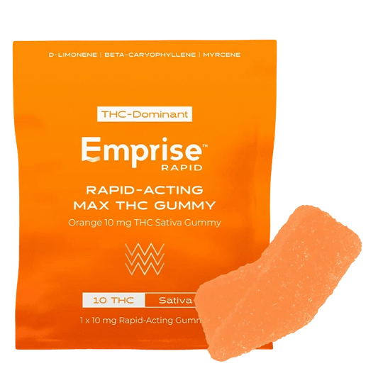 Orange THC Gummies are displayed in a close-up, brightly lit shot with text labeling strain information.