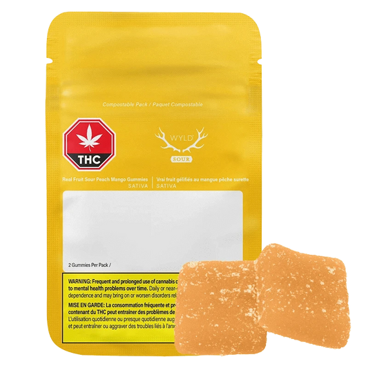 Front view of the Real Fruit Sour Peach Mango 3:1 CBG:THC Gummies packaging, highlighting the bright colors and simple branding.