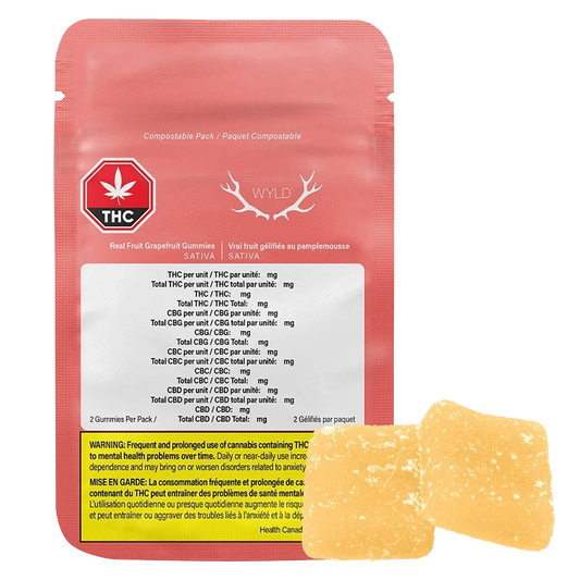 A close-up of the Grapefruit Sativa Gummies packaging features a vibrant, angled design with a warning label and subtle branding elements.
