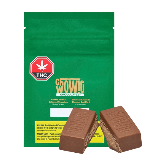 Front view of the Peanut Butter Balanced Chocolate bar in branded packaging, with a dark background and prominent THC logo.