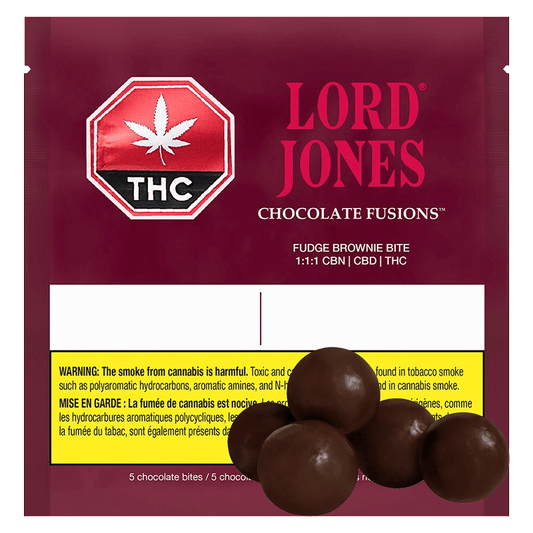 A close-up shot of the Chocolate Fusions Fudge Brownie Bite 1:1:1 CBN:CBD:THC packaging featuring bold text on a dark background.