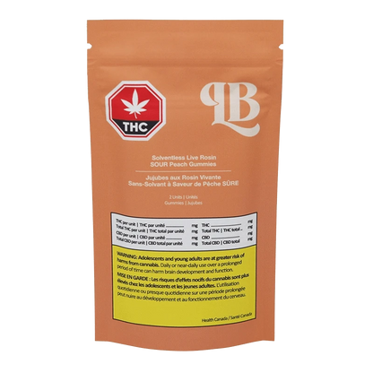 Close-up of Solventless Live Rosin Sour Peach Gummies packaging with a warning message in French, angled slightly to the left.