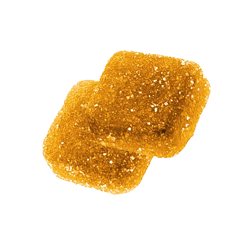 Close-up of the Solventless Live Rosin Sour Peach Gummies, showing a textured, golden-colored gummy against a plain white backdrop.