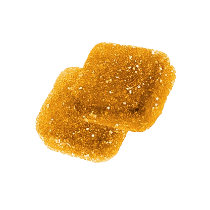 Close-up of the Solventless Live Rosin Sour Peach Gummies, showing a textured, golden-colored gummy against a plain white backdrop.