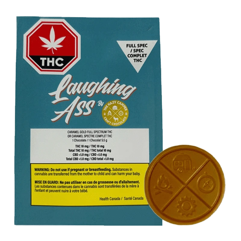 A close-up of Caramel Gold Full Spectrum THC Chocolate packaging with a stylized logo and colorful branding.
