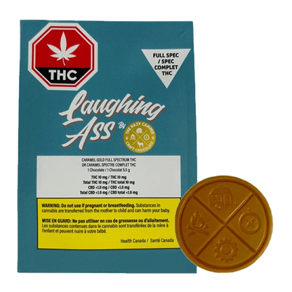 A close-up of Caramel Gold Full Spectrum THC Chocolate packaging with a stylized logo and colorful branding.