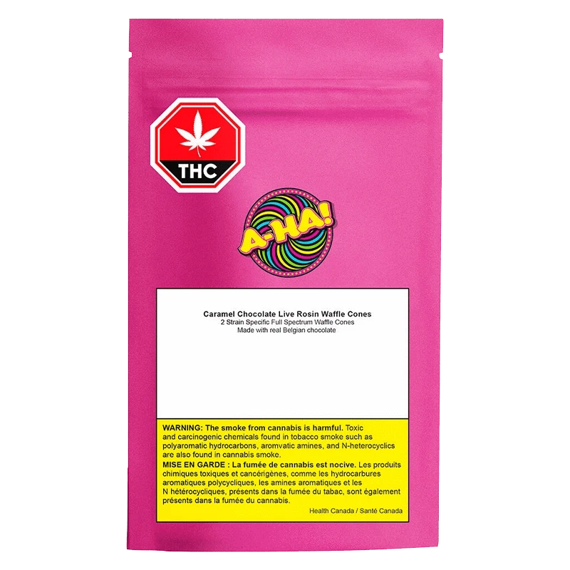 Caramel Chocolate Live Rosin Waffle Cones are displayed on a black background with a warning label in French.