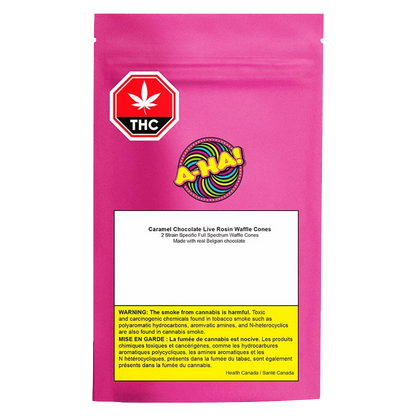 Caramel Chocolate Live Rosin Waffle Cones are displayed on a black background with a warning label in French.