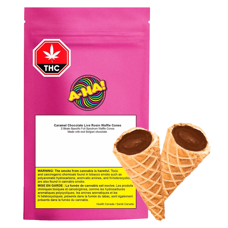 Front view of the Caramel Chocolate Live Rosin Waffle Cones packaging against a dark background, featuring a THC emblem.