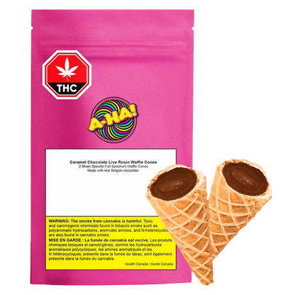Front view of the Caramel Chocolate Live Rosin Waffle Cones packaging against a dark background, featuring a THC emblem.