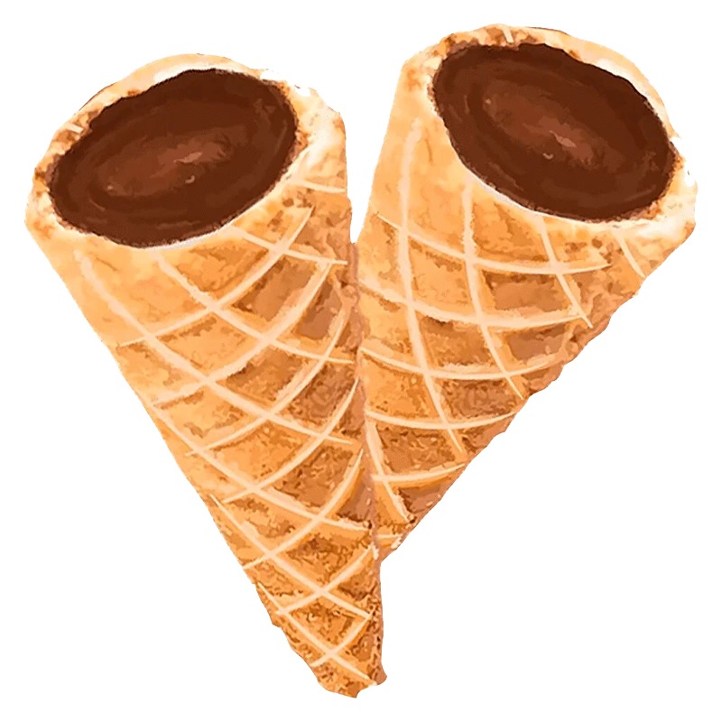 A close-up, angled view of two Caramel Chocolate Live Rosin Waffle Cones, showing the textured, brown interiors.