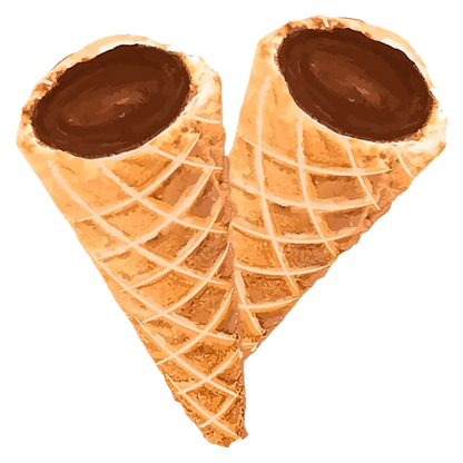A close-up, angled view of two Caramel Chocolate Live Rosin Waffle Cones, showing the textured, brown interiors.