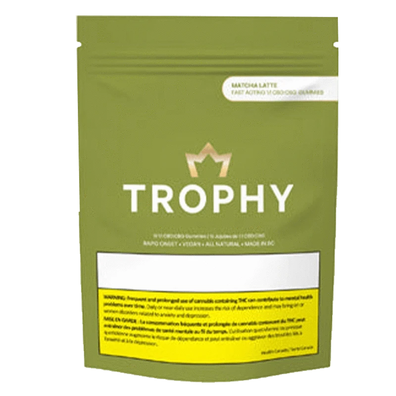 Front view of the Matcha Latte 1:1 CBD:CBG Fast Acting Gummies package, showing a vertically oriented, silver pouch with bold, dark lettering.