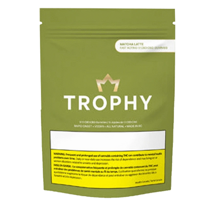 Front view of the Matcha Latte 1:1 CBD:CBG Fast Acting Gummies package, showing a vertically oriented, silver pouch with bold, dark lettering.