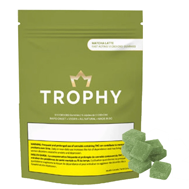 A top-down shot of green Matcha Latte 1:1 CBD:CBG Fast Acting Gummies scattered across a dark surface.