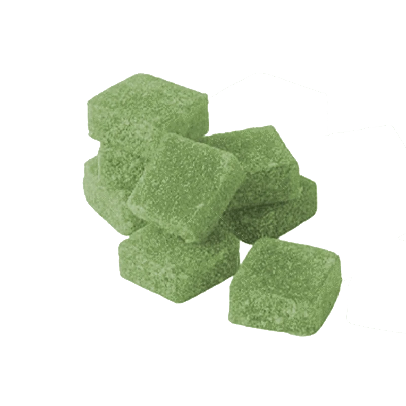 A top-down view of several green Matcha Latte 1:1 CBD:CBG Fast Acting Gummies arranged closely together on a white background.