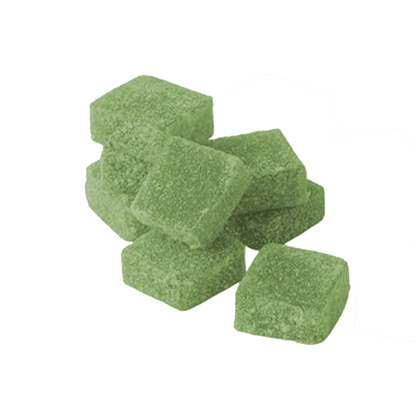 A top-down view of several green Matcha Latte 1:1 CBD:CBG Fast Acting Gummies arranged closely together on a white background.