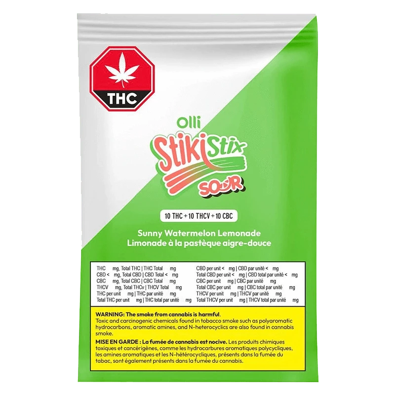 Close-up of 1:1:1 Sour Sunny Watermelon Lemonade THCV/CBC/THC Gummies packaging with bright colors and bold text against a dark background.