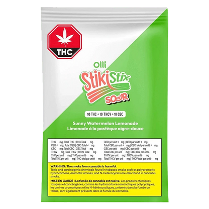 Close-up of 1:1:1 Sour Sunny Watermelon Lemonade THCV/CBC/THC Gummies packaging with bright colors and bold text against a dark background.
