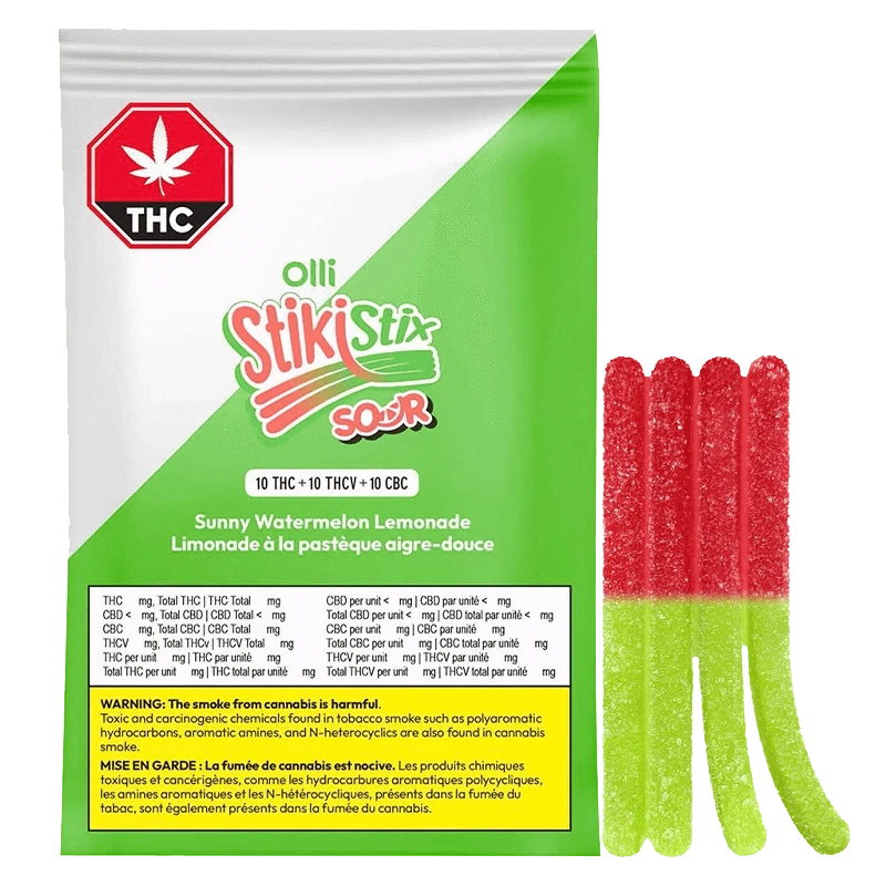 A brightly lit close-up of the 1:1:1 Sour Sunny Watermelon Lemonade THCV/CBC/THC Gummies package, showcasing its colorful branding and text.