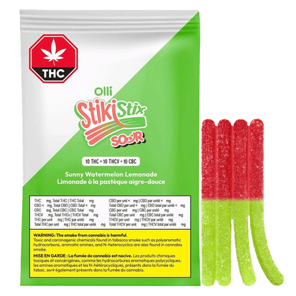 A brightly lit close-up of the 1:1:1 Sour Sunny Watermelon Lemonade THCV/CBC/THC Gummies package, showcasing its colorful branding and text.