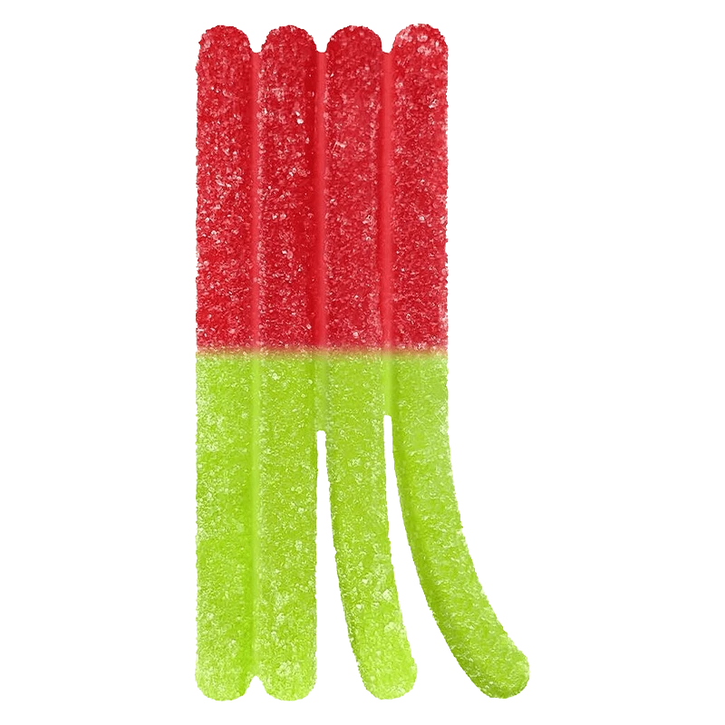 A front view of the 1:1:1 Sour Sunny Watermelon Lemonade THCV/CBC/THC Gummies, showing four red and green candies aligned on a white background.