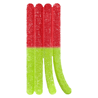 A front view of the 1:1:1 Sour Sunny Watermelon Lemonade THCV/CBC/THC Gummies, showing four red and green candies aligned on a white background.