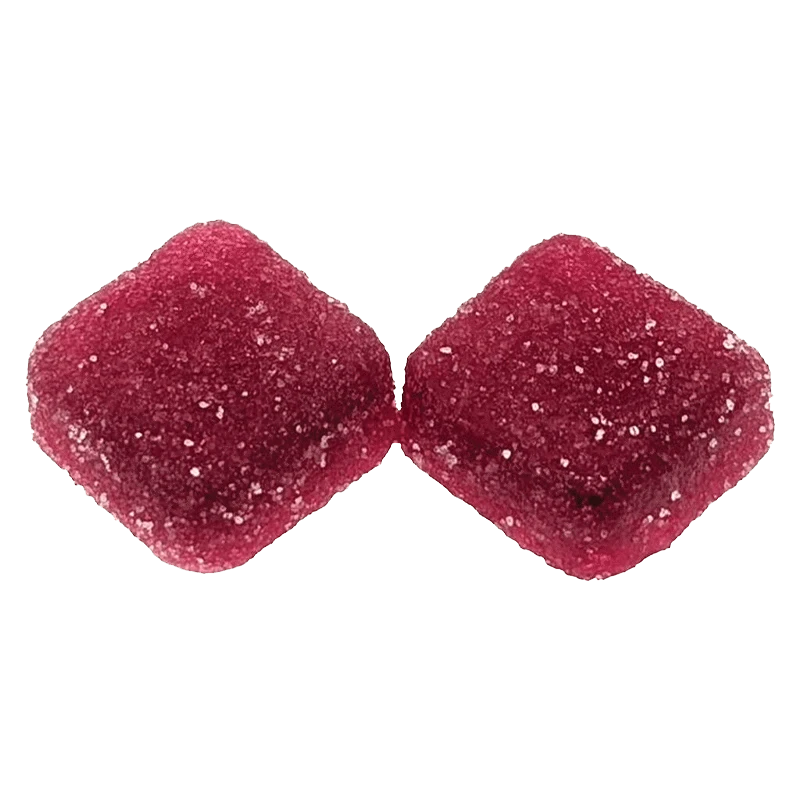 Close-up of the Live Rosin Sour Cherry Gummies, showing a pile of red, textured candies against a plain white background.