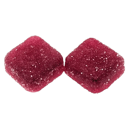 Close-up of the Live Rosin Sour Cherry Gummies, showing a pile of red, textured candies against a plain white background.