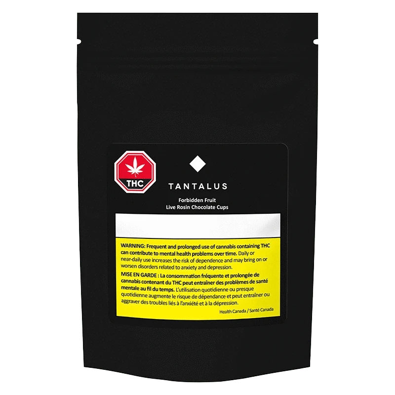 Front view of the Forbidden Fruit Live Rosin Chocolate Cup packaging with a THC warning label.