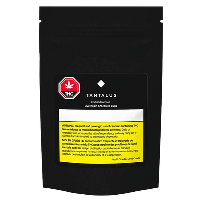 Front view of the Forbidden Fruit Live Rosin Chocolate Cup packaging with a THC warning label.