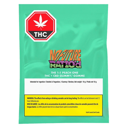 Ratio’d - The 1:1 Peach One Gummies packaging with bold text and graphics against a vibrant peach background.