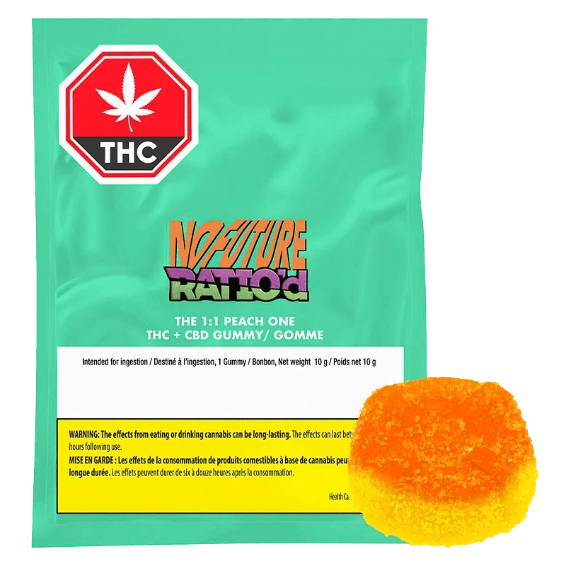 Ratio’d - The 1:1 Peach One Gummies are displayed in a close-up, angled shot featuring bold graphics on a brightly colored package.