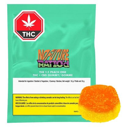 Ratio’d - The 1:1 Peach One Gummies are displayed in a close-up, angled shot featuring bold graphics on a brightly colored package.