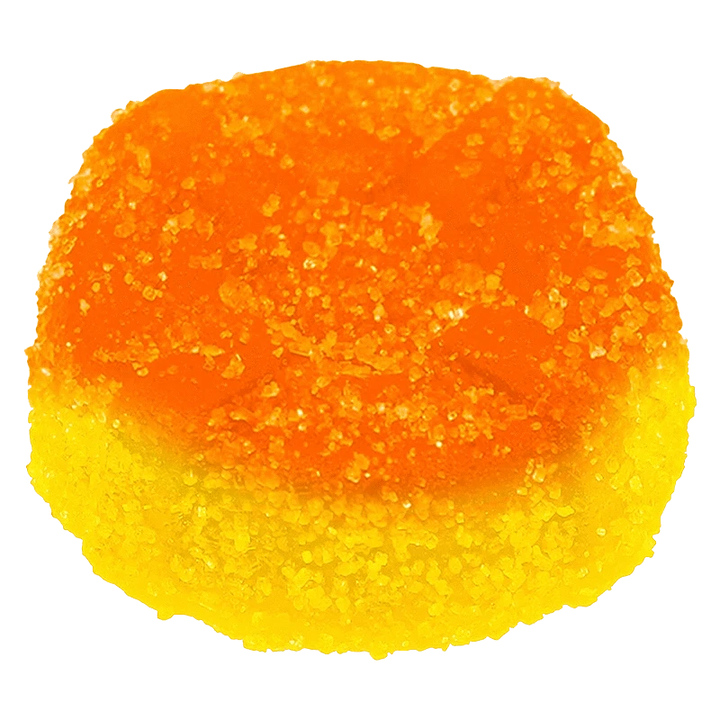 A close-up view of the orange, peach-flavored Ratio’d - The 1:1 Peach One Gummies, showcasing their uniform texture.