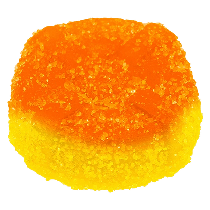 A close-up view of the orange, peach-flavored Ratio’d - The 1:1 Peach One Gummies, showcasing their uniform texture.
