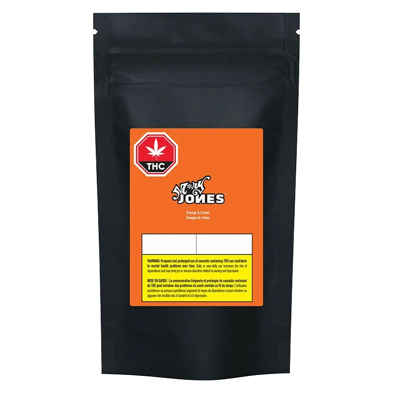 Front view of the Orange & Cream Gummies packaging featuring a green logo against a dark background.
