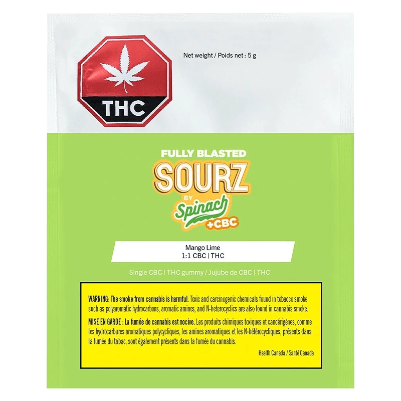 Fully Blasted Mango Lime 1:1 CBC:THC Gummies packaging with bold graphics in vibrant shades of green, yellow, and red.