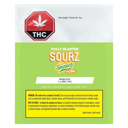 Fully Blasted Mango Lime 1:1 CBC:THC Gummies packaging with bold graphics in vibrant shades of green, yellow, and red.