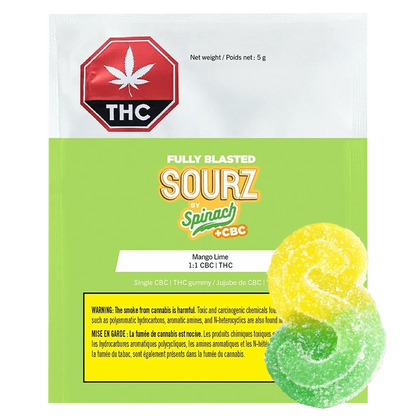 Front view of the Fully Blasted Mango Lime 1:1 CBC:THC Gummies package against a black background.