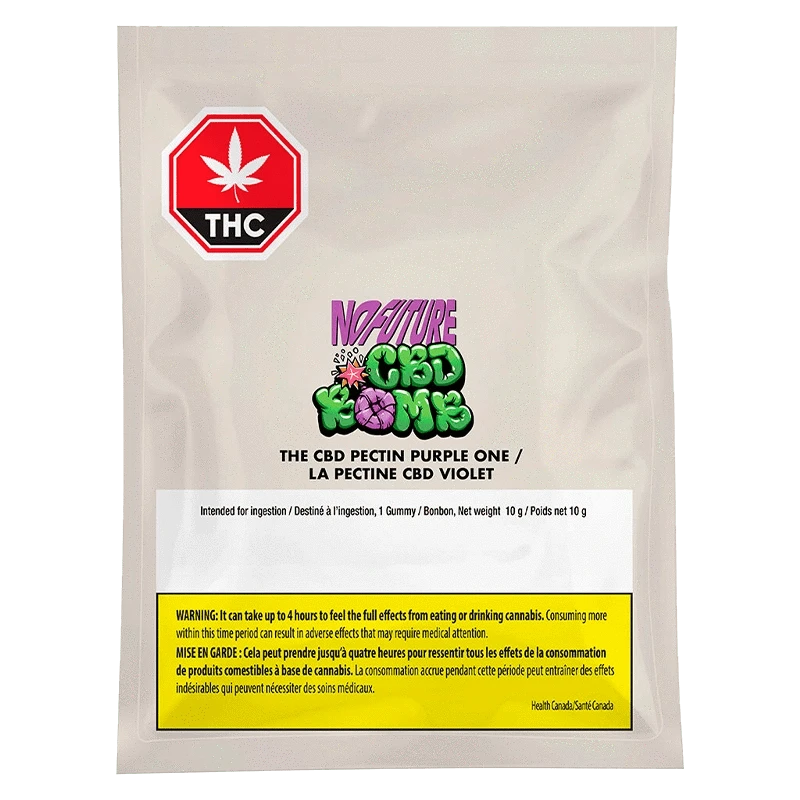 Close-up of the **CBD Bomb - The CBD Pectin Purple One Gummy**, highlighting its vibrant purple color and textured surface.