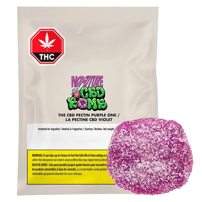 Front view of the CBD Bomb - The CBD Pectin Purple One Gummy, showcasing the purple gummy displayed against a dark background.