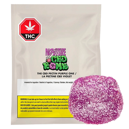 Front view of the CBD Bomb - The CBD Pectin Purple One Gummy, showcasing the purple gummy displayed against a dark background.